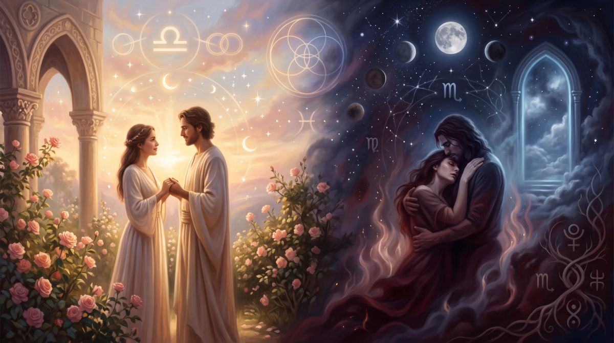 7th house vs 8th house astrology representing conscious partnership, deep intimacy, and spiritual transformation.