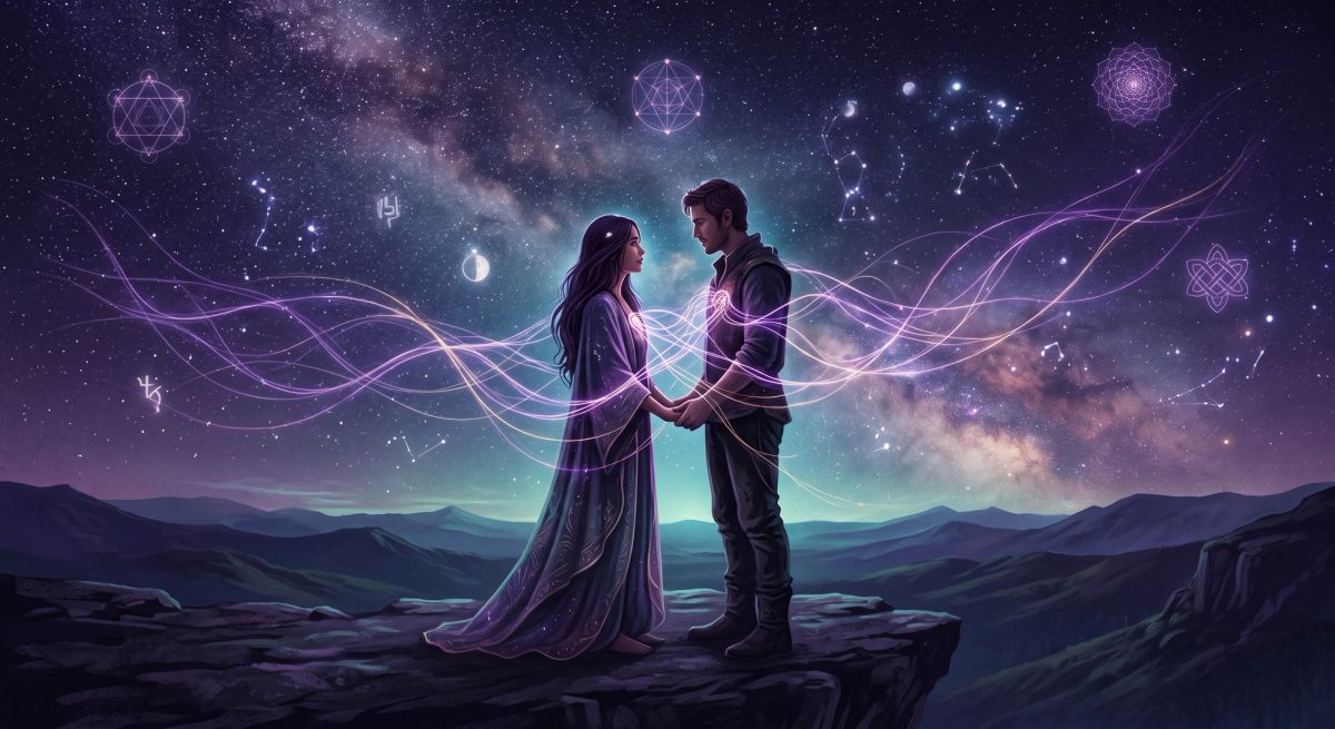 Two people connected by luminous celestial energy, symbolizing intense attraction and spiritual connection in synastry.