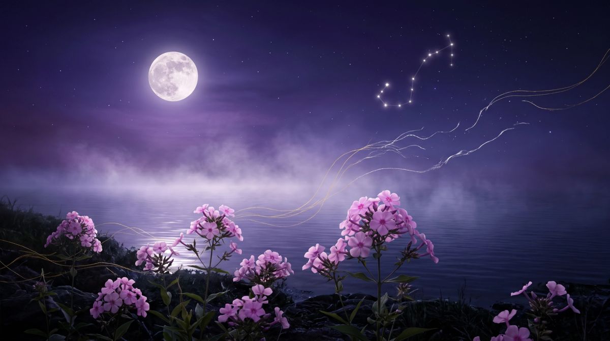 Full Moon in Scorpio in April 2027 shining over dark water and pink spring flowers, symbolizing emotional healing and spiritual transformation.