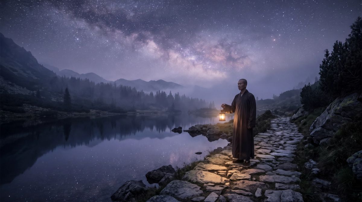 A solitary spiritual seeker beneath a star-filled sky representing the introspective journey of Life Path 7.