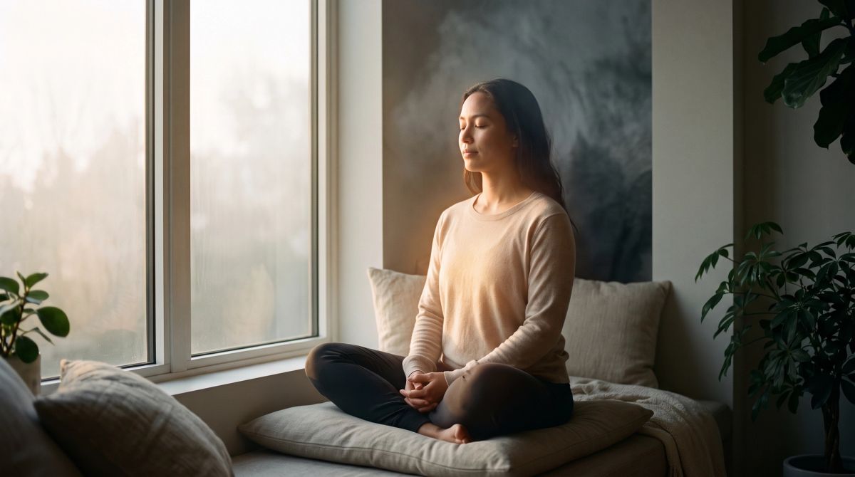 A person sitting peacefully at sunrise, symbolizing the difference between intuitive knowing and anxious thoughts.