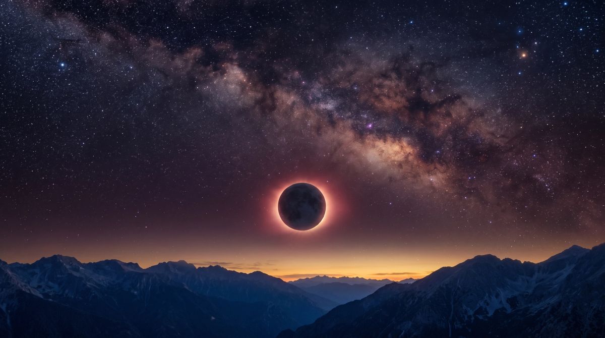 The New Moon in Aries surrounded by crimson and golden light, symbolizing courage, spiritual renewal, and new beginnings.