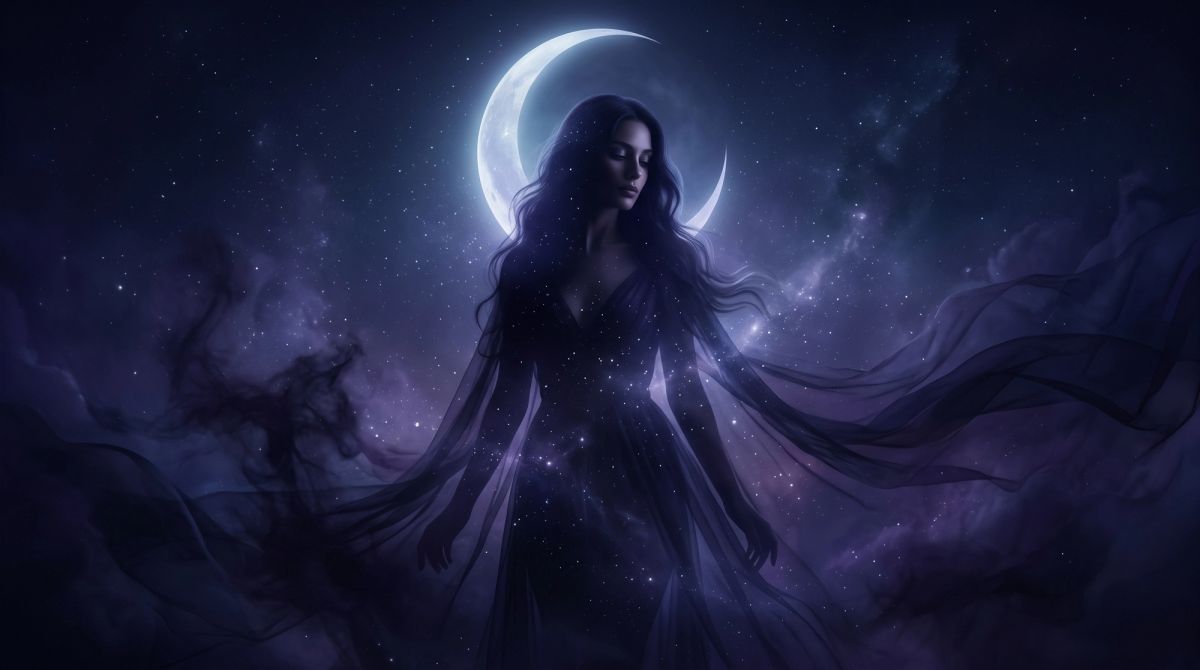 Black Moon Lilith represented as a mystical figure beneath a glowing crescent moon.