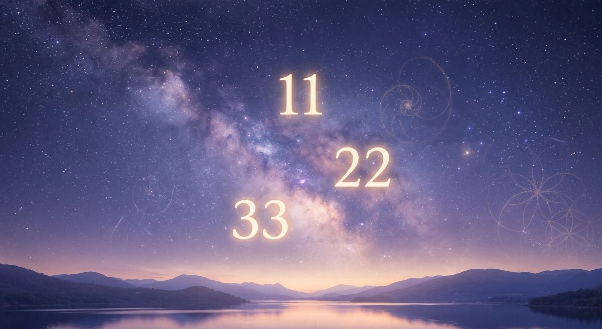 Master numbers 11 22 and 33 glowing in a mystical spiritual setting representing numerology and spiritual growth