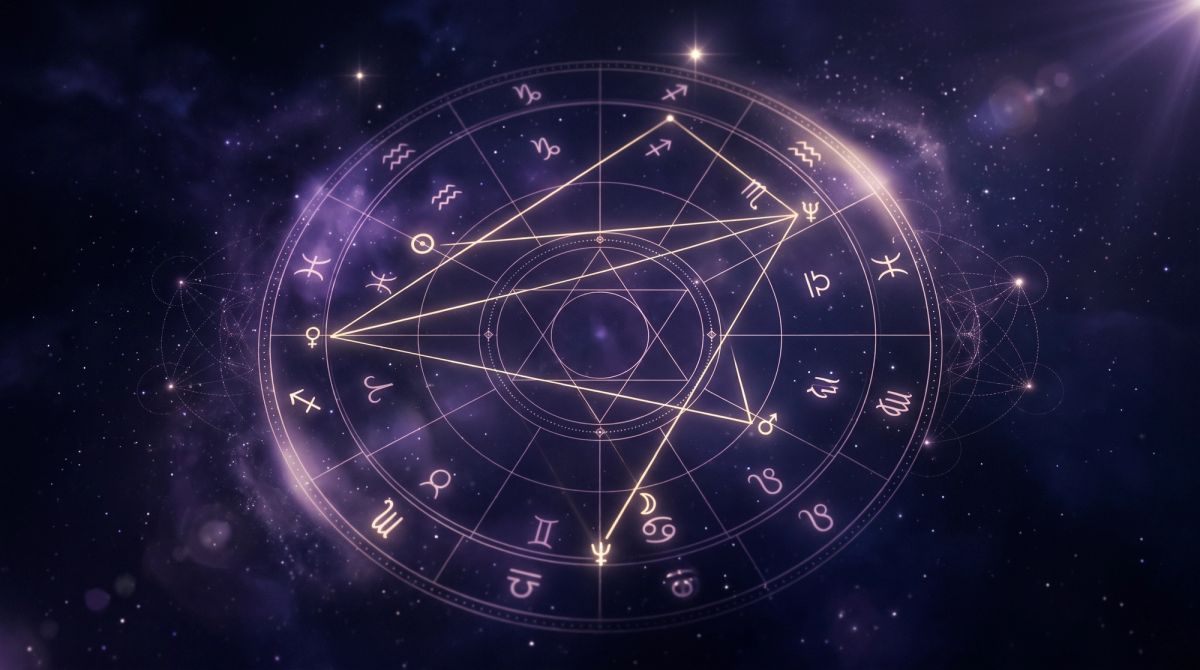Celestial birth chart with glowing geometric patterns representing the Grand Trine, T-Square, and Yod in astrology.