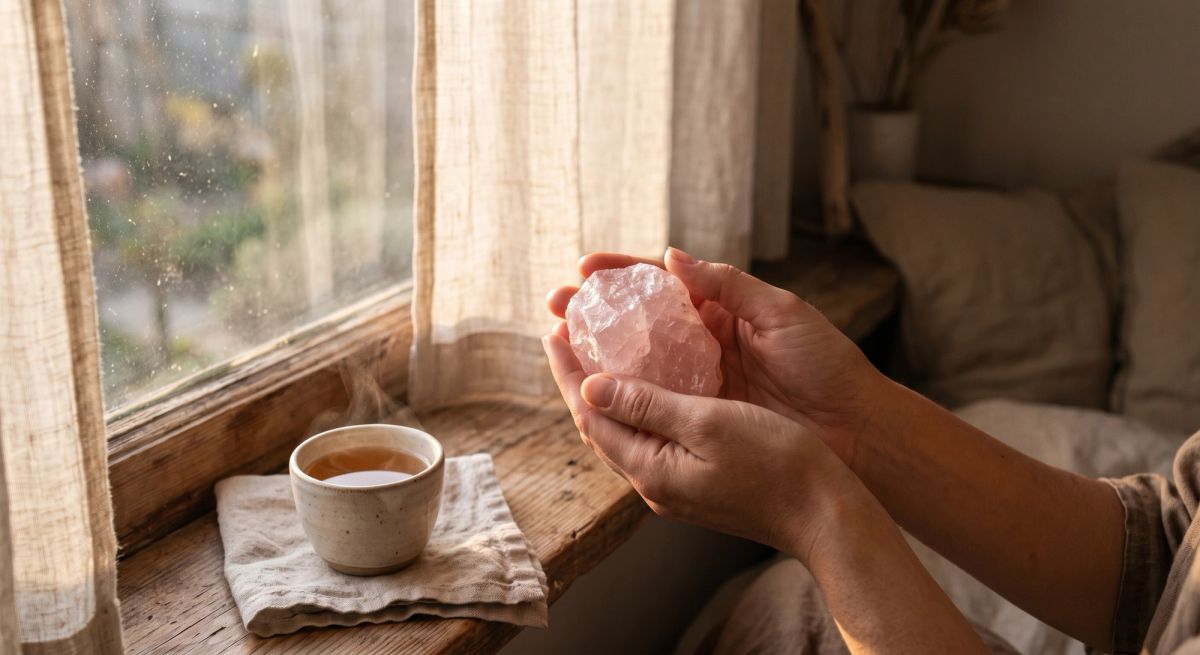 Hands holding a rose quartz crystal during a quiet morning intention ritual.