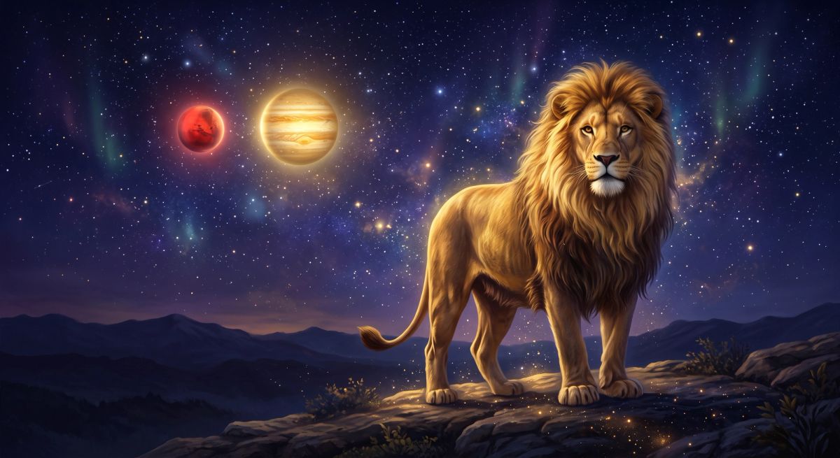 Majestic golden lion beneath a cosmic sky with glowing Mars and Jupiter representing the spiritual energy of Mars in Leo.