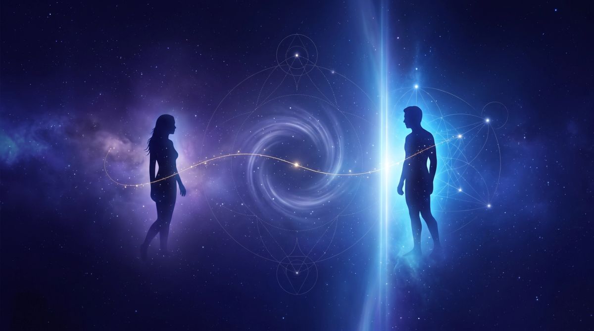 A luminous cosmic connection symbolizing the Vertex in astrology, soulmate encounters, and meaningful turning points.