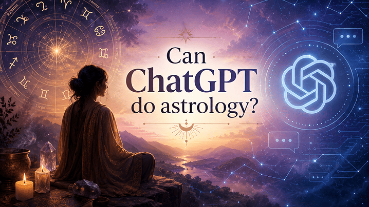 A cinematic spiritual astrology scene on a coastal cliff at twilight. A woman sits beneath a star-filled sky with glowing constellations, a zodiac wheel, crystals, and subtle celestial symbols. A soft AI-inspired light formation blends naturally into the cosmos, symbolizing the connection between ancient astrology and modern AI. Deep blue, purple, and warm sunset tones create a mystical, premium atmosphere.
