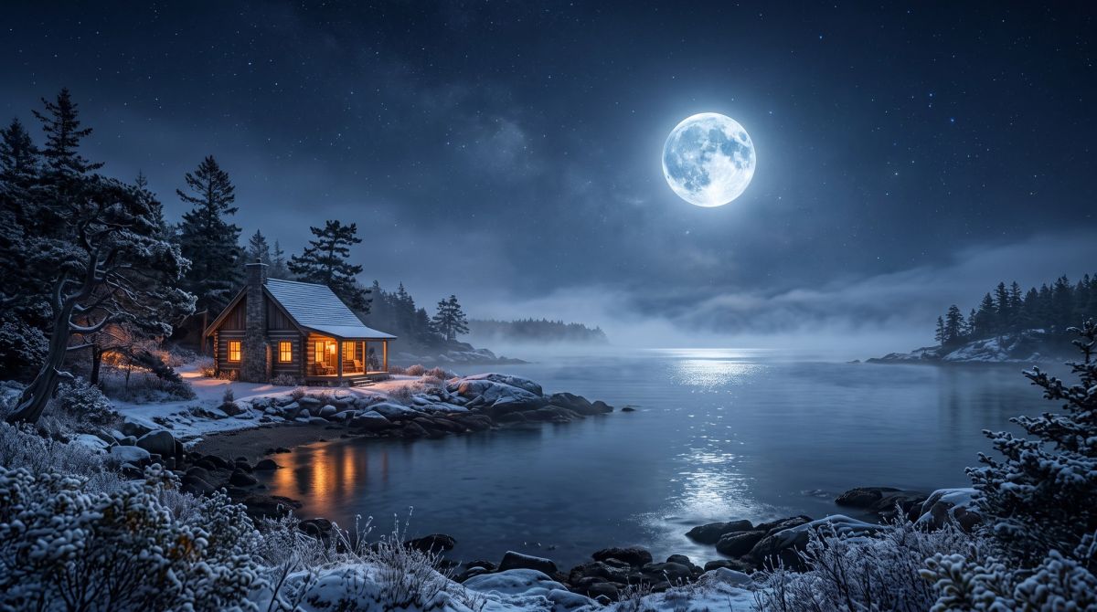 The December 2026 Full Moon in Cancer illuminating a peaceful winter coastline and a warmly lit cottage.