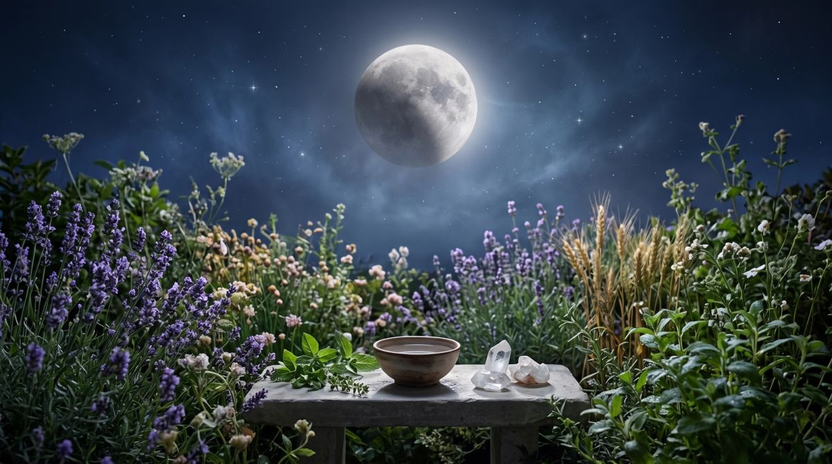 The February 2027 Virgo Lunar Eclipse shining over a peaceful garden of lavender and healing herbs.