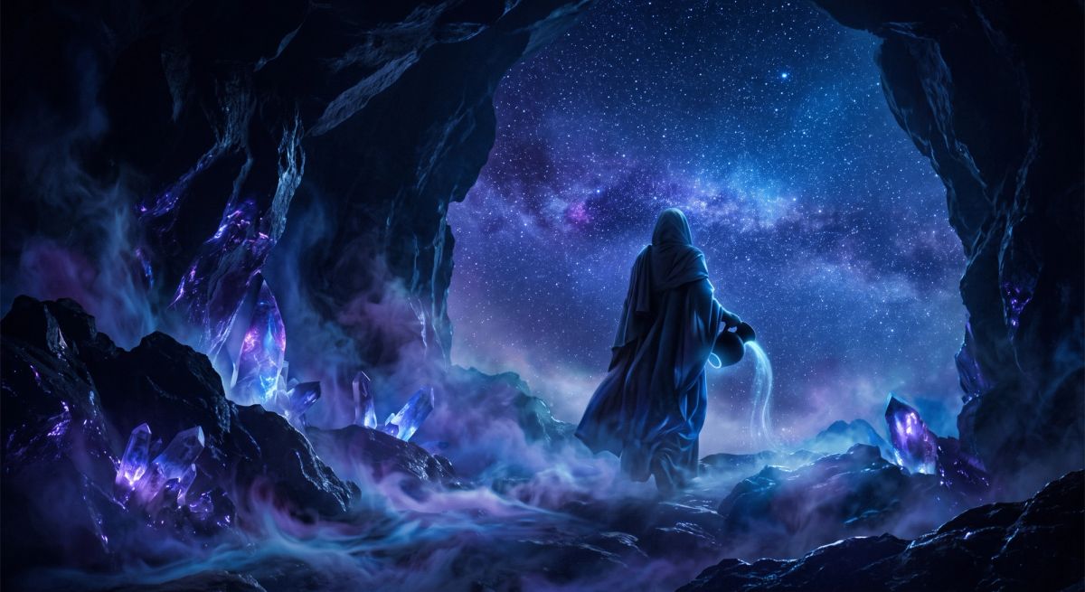 Cosmic figure emerging from shadow into luminous Aquarius light, symbolizing spiritual transformation as Pluto turns direct.