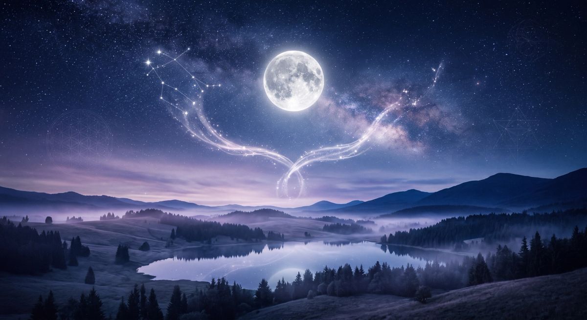 Full Moon in Gemini shining beneath the Gemini constellation in a deep blue November night sky.