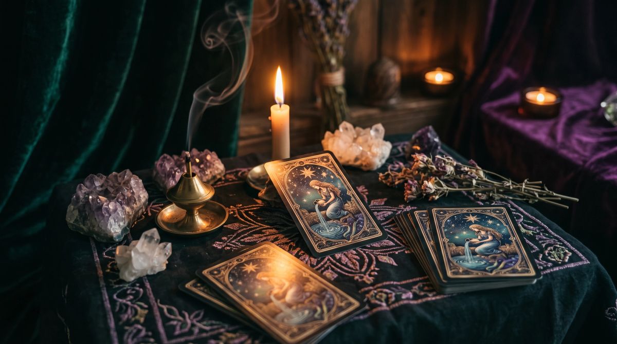 A recurring tarot card glowing on a candlelit altar, symbolizing tarot synchronicity and spiritual guidance.