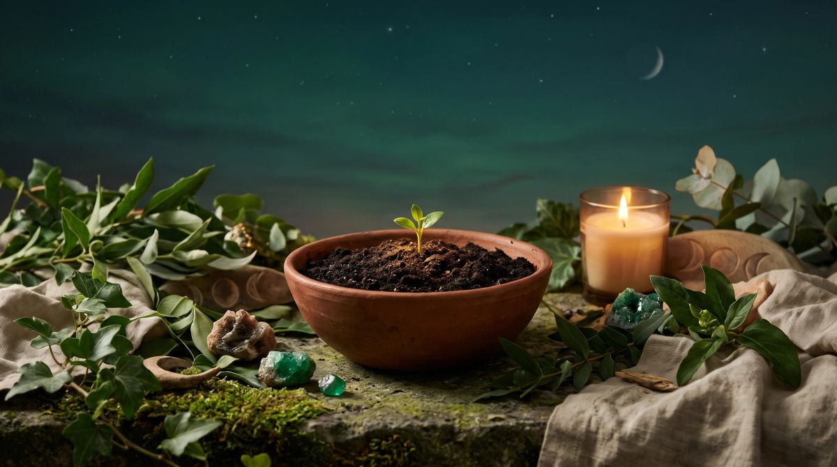 Earthy spiritual altar with a growing seedling beneath a celestial sky, symbolizing the May 2027 New Moon in Taurus.
