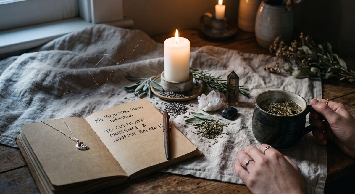 Peaceful Virgo New Moon ritual with journal, candle, herbs and soft moonlight.