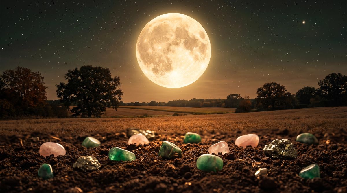 Hunter’s Moon Full Moon in Taurus glowing above autumn fields, symbolizing grounding, abundance, security, and spiritual renewal.