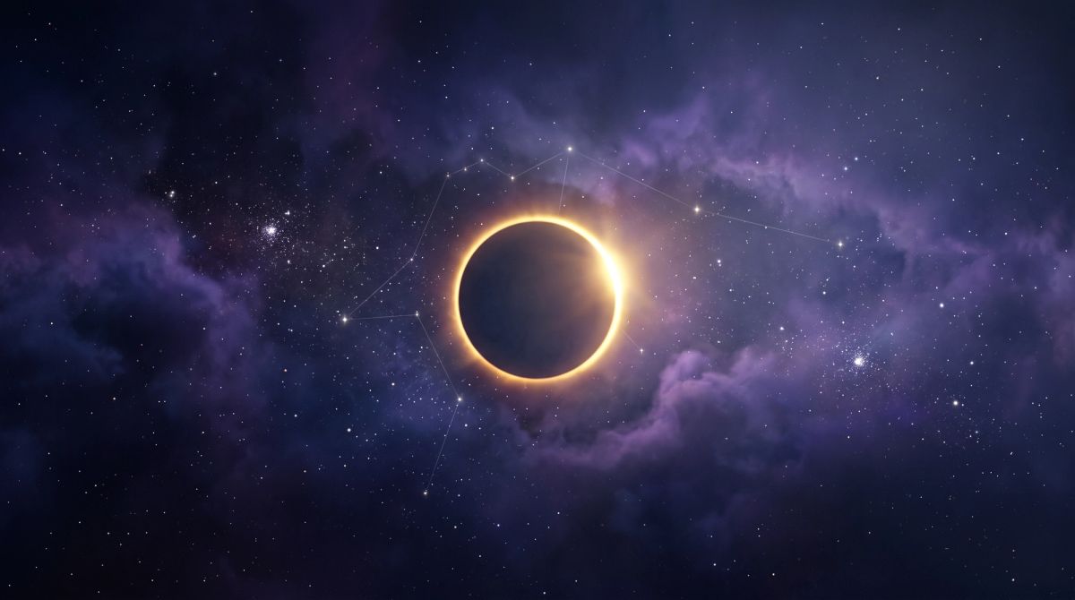 Annular Solar Eclipse in February 2027 surrounded by a luminous violet and indigo celestial sky.