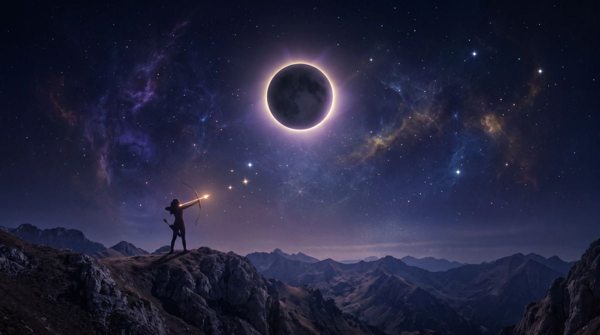 Mystical Sagittarius New Moon in December 2026 above a mountain landscape with a glowing archer aiming toward the stars.