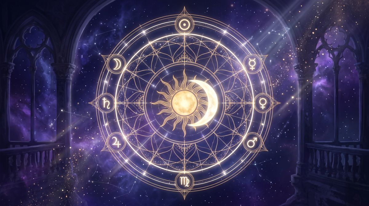 A mystical celestial illustration representing the Big Six in astrology: Sun, Moon, Rising, Mercury, Venus, and Mars.