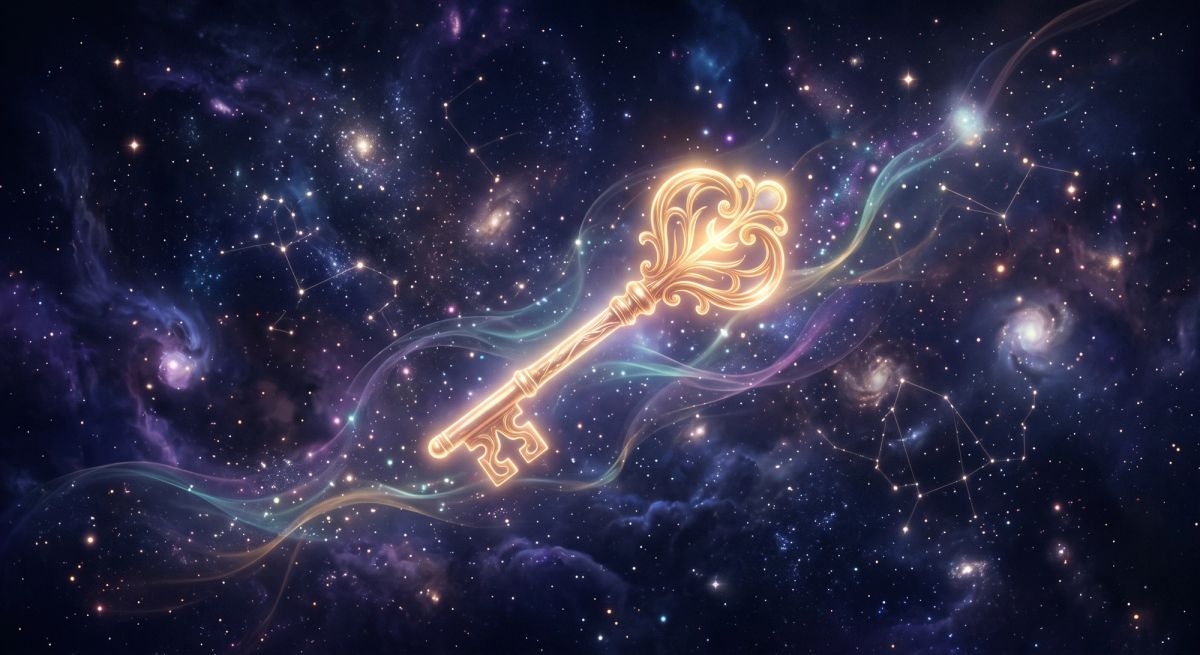 A luminous golden key in a mystical cosmos representing Chiron as the Wounded Healer and the journey from pain to spiritual wisdom.