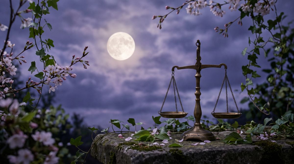 Full Moon in Libra March 2027 glowing above spring blossoms and a symbolic balance scale.