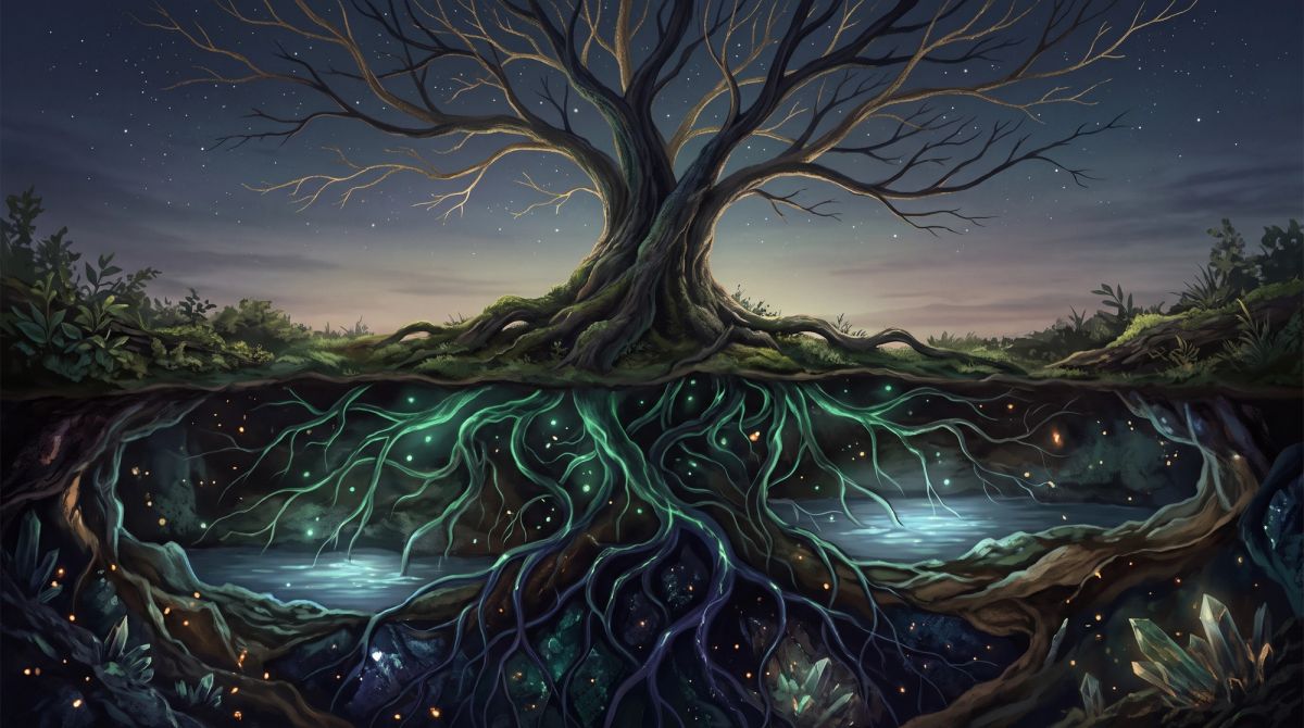 Celestial tree with glowing roots symbolizing the 4th house and IC in astrology, representing family heritage, emotional security, and spiritual roots.