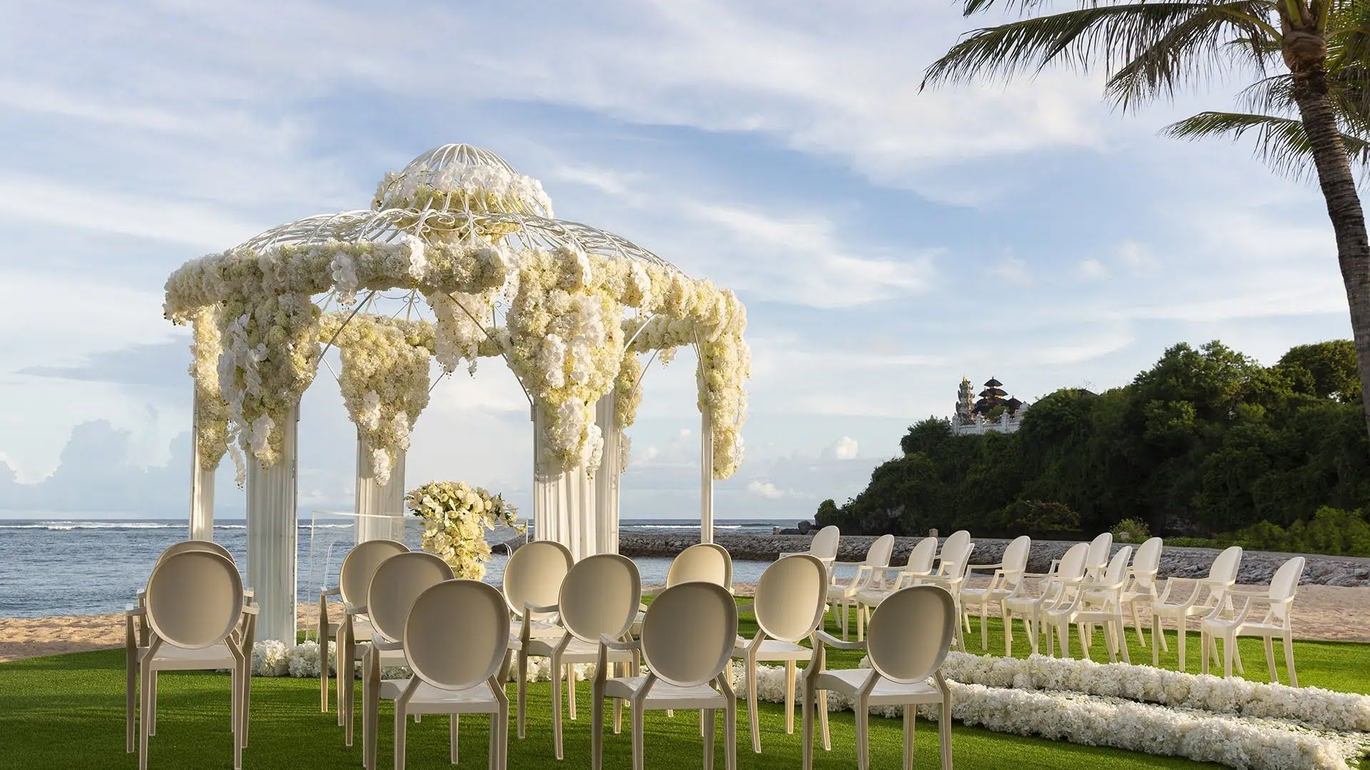 outdoor wedding hall with white froral