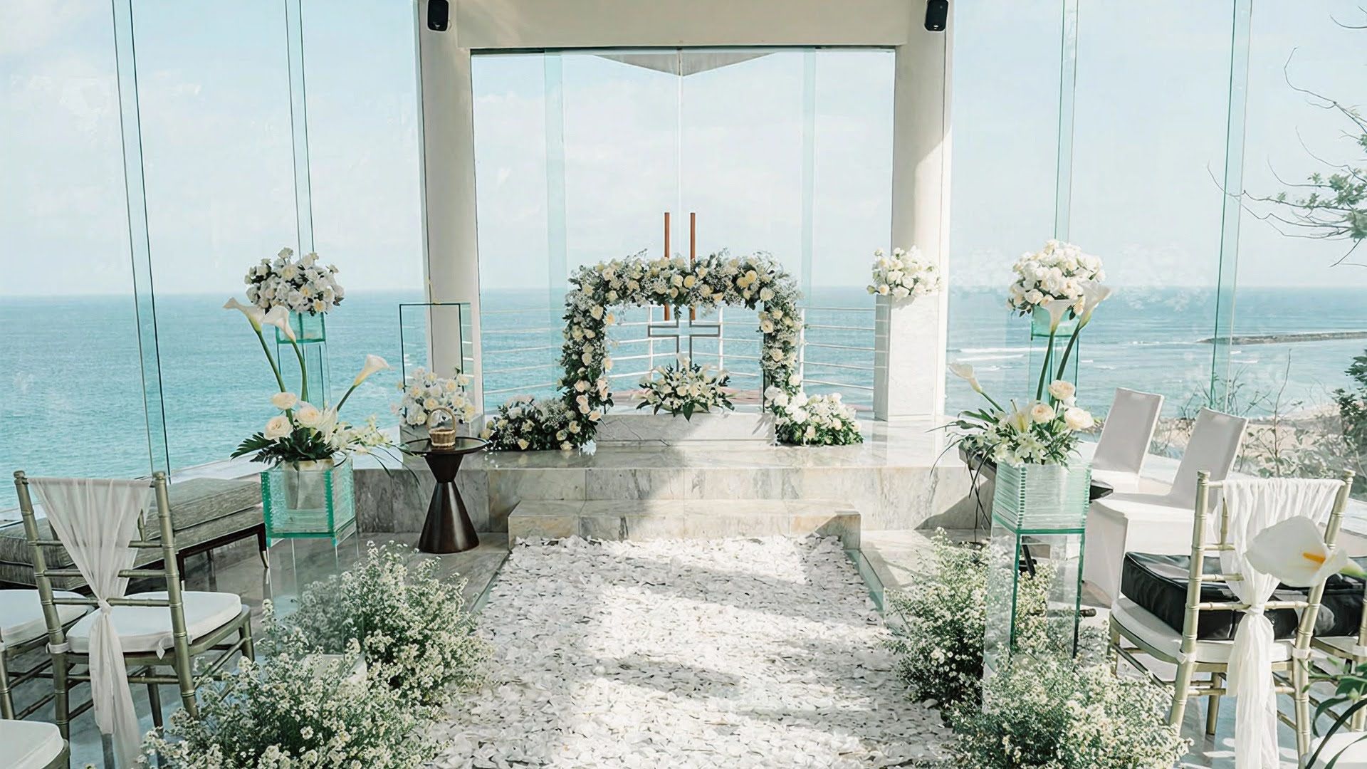 indor wedding hall with white decorartion