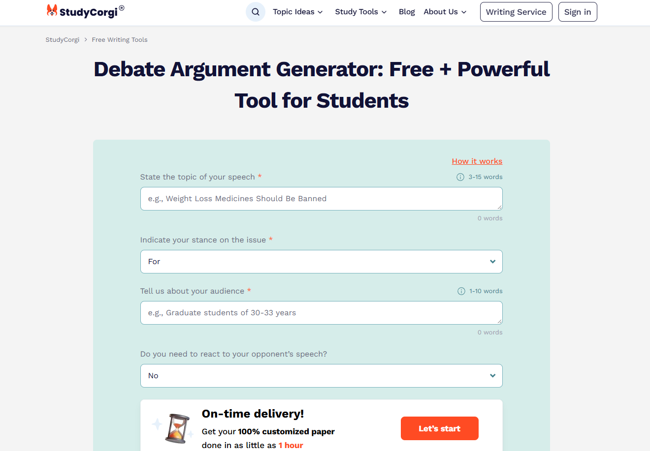 StudyCorgi AI Argument Writer
