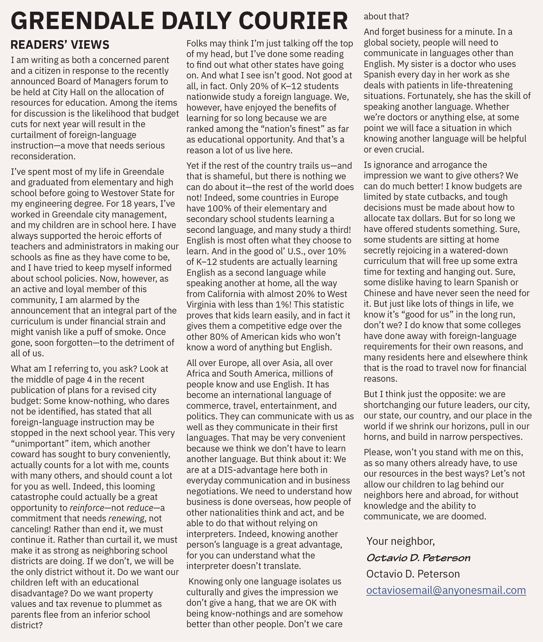 Complete original nine-paragraph Octavio D. Peterson letter to the Greendale Daily Courier