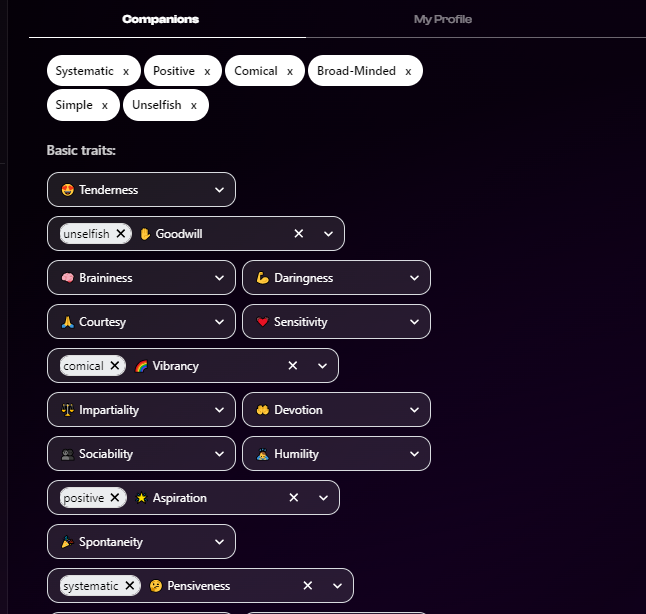 Nastia's character customization options