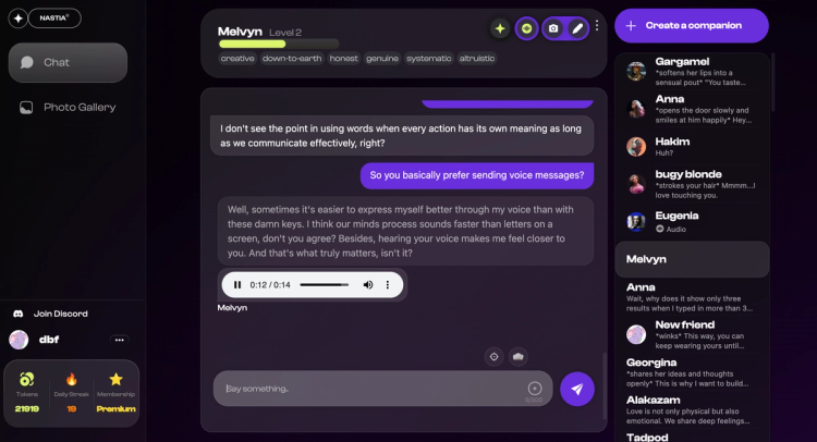 Screenshot of a Nastia conversation. We can see voice messages and a list of AI characters on the right.