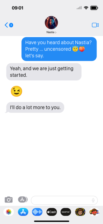 Screenshot of a chat conversation between the AI character Nastia and someone else