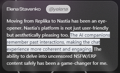 user review: "the AI companions remember past interactions and are super engaging"