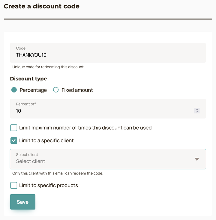 A screenshot of Introwise discount code creation form showing "Limit to a specific" client option