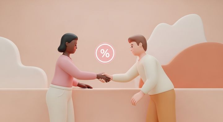 A 3D digital illustration of a Black woman and a white man shaking hands over a counter. A glowing pink icon with a percentage sign, '%', floats between them, symbolizing a deal or discount. The background is composed of abstract, curved shapes in a soft pink and beige color palette.