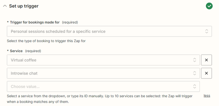 A screenshot showing Introwise Zapier Sessions Scheduled trigger creation with built-in filters