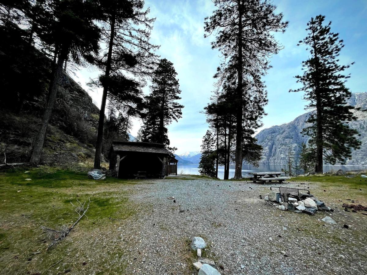 A lakeside campsite shelter under tall pines