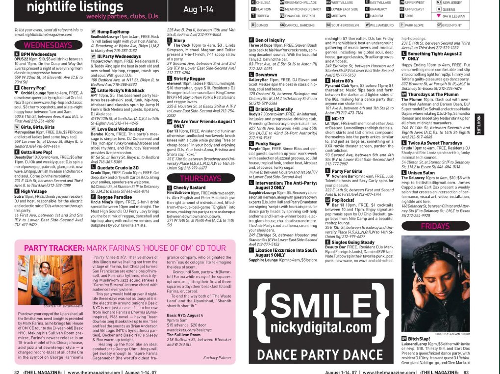 Nightlife listings and Party Tracker feature spread