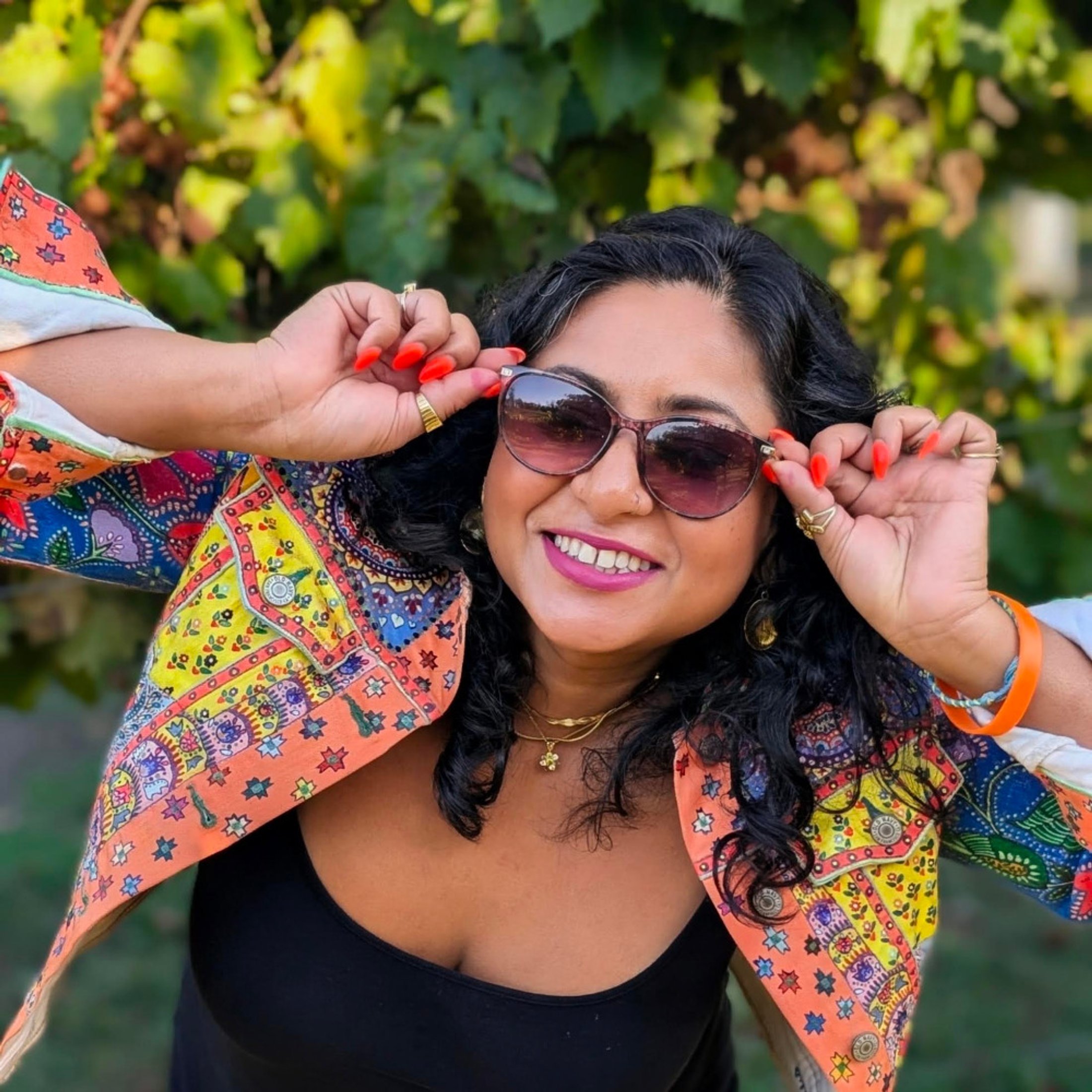 Kashfia Rahman Angel wearing her colourful hand-painted jacket