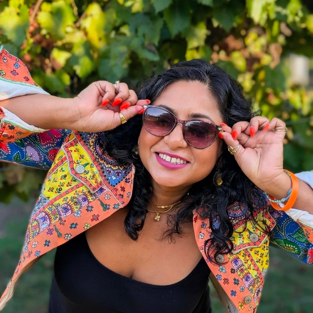 Kashfia Rahman Angel wearing her colourful hand-painted jacket