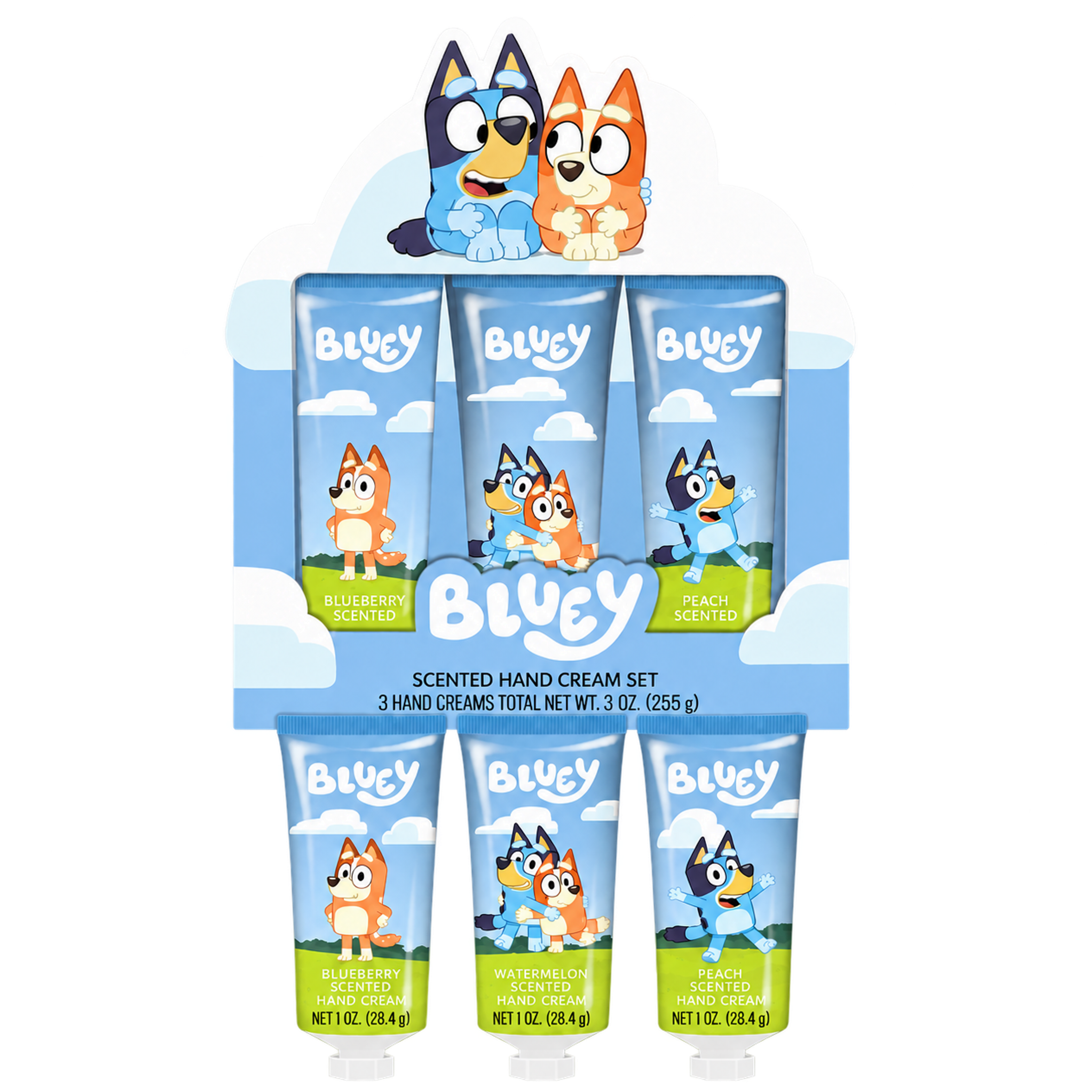 Bluey hand cream gift box with three hand cream tubes