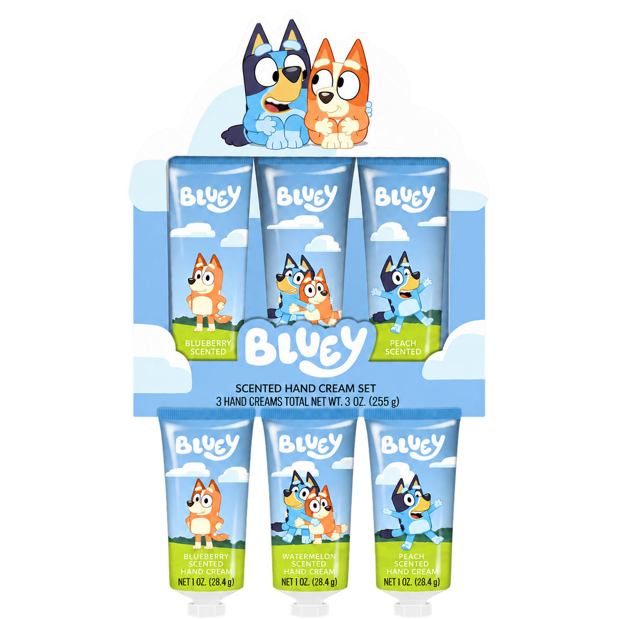Bluey hand cream gift box with three hand cream tubes