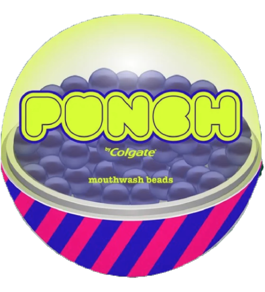 Colgate Punch packaging with yellow lettering and diagonal stripes