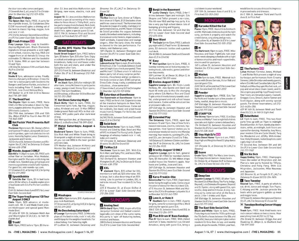Two-page August nightlife listings with compact columns, magenta day headings, and portrait photographs.