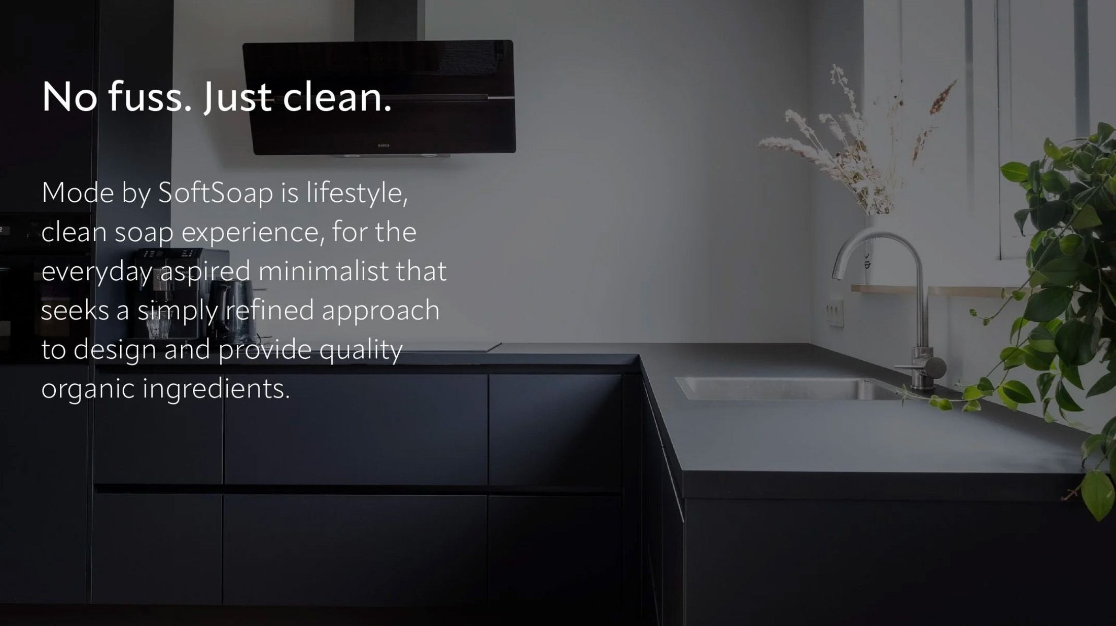 Mode by Softsoap concept positioning over a minimal kitchen photograph: No fuss. Just clean.