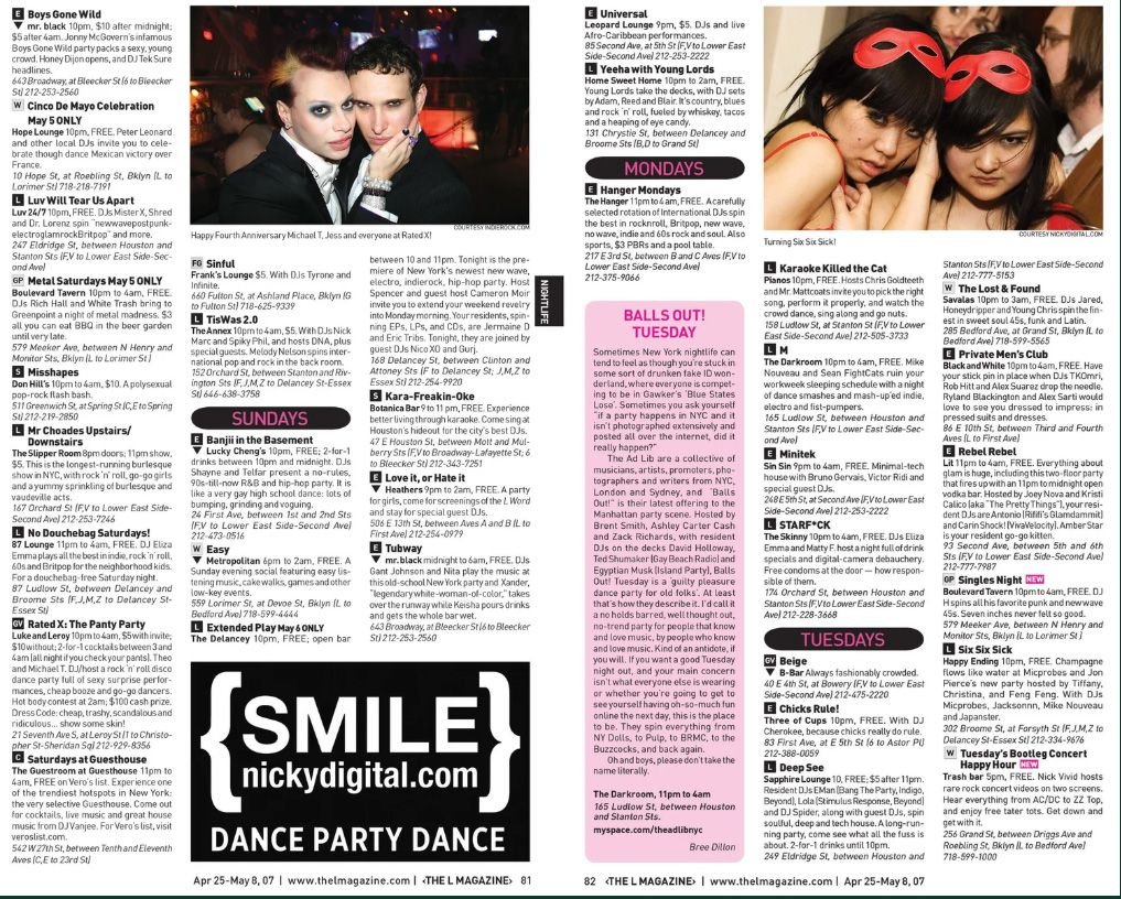 Editorial spread combining nightlife listings, large party photographs, and a pink feature column.