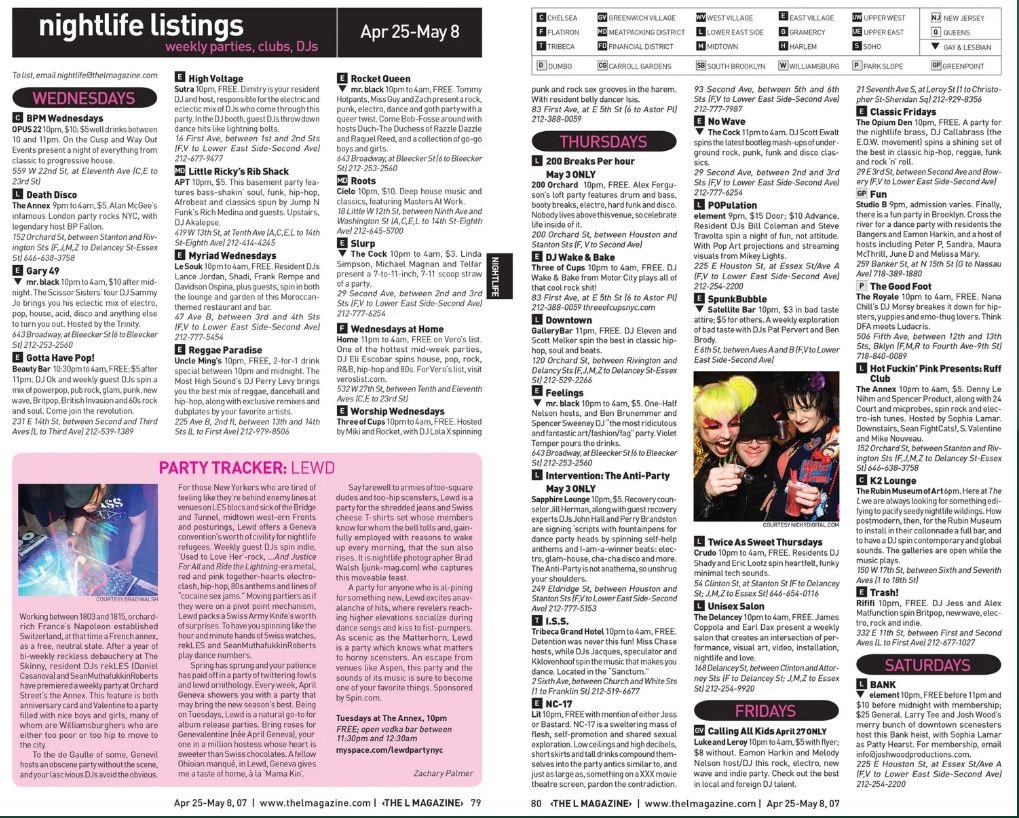 Nightlife spread with a pink Party Tracker feature alongside multi-column event listings.