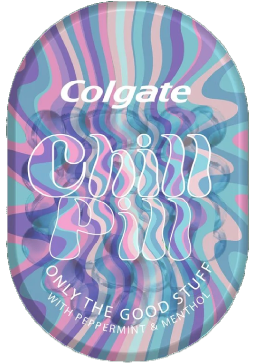 Purple and blue Colgate Chill Pill container